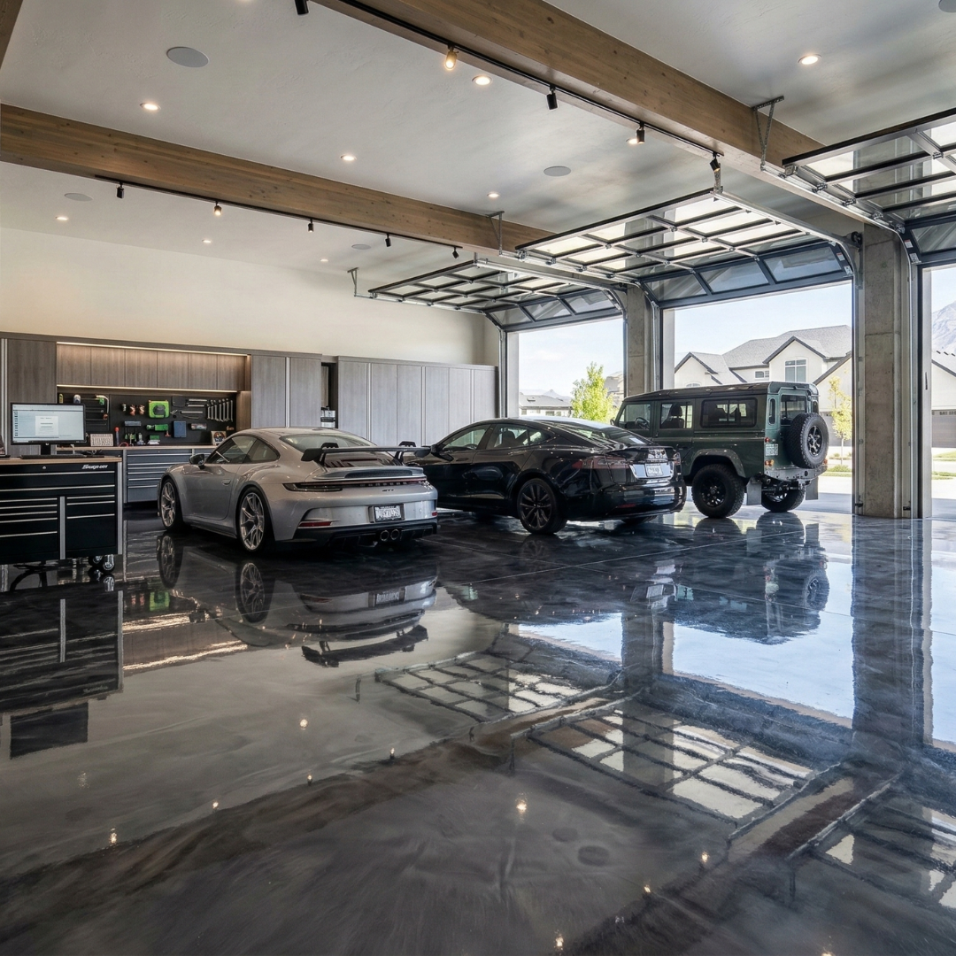 Modern garage with a shiny epoxy resin floor housing a silver sports car, a black sedan, and a green off-road vehicle.
