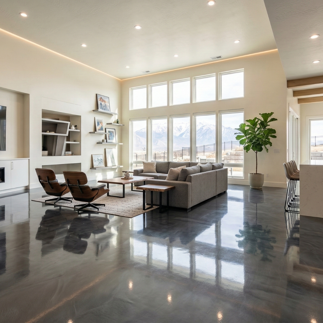 Modern living room with large windows showing mountain view, gray sectional sofa, wooden chairs, and shiny polished concrete floor.