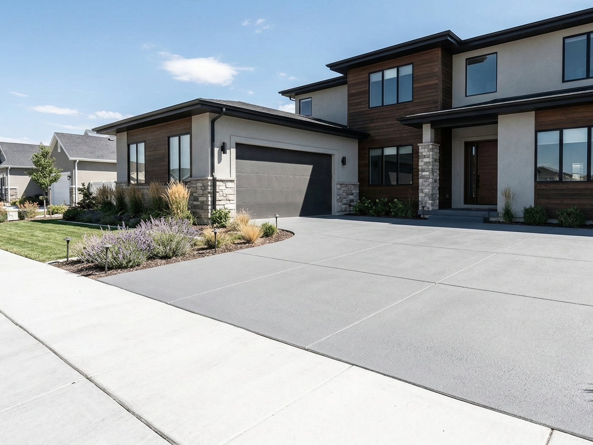 Modern two-story house with a gray double garage door, large driveway, and landscaped front yard with shrubs and lawn.