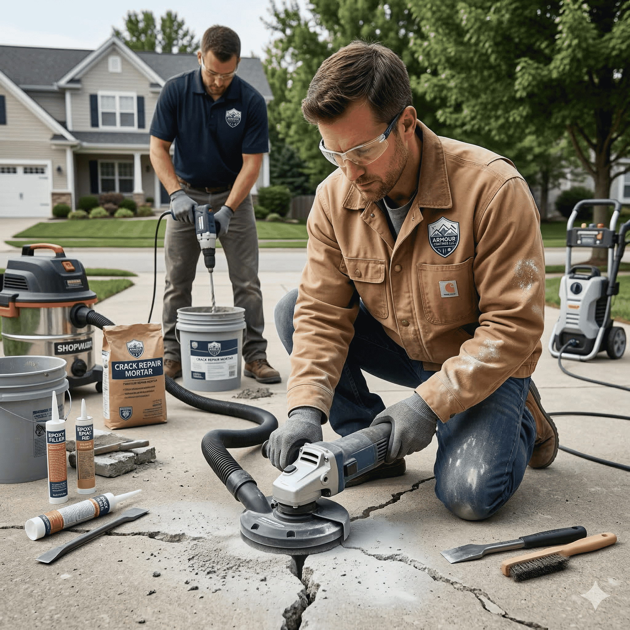 Two workers wearing protective glasses are repairing concrete: one using a grinding tool on a large floor crack, the other mixing crack repair mortar.