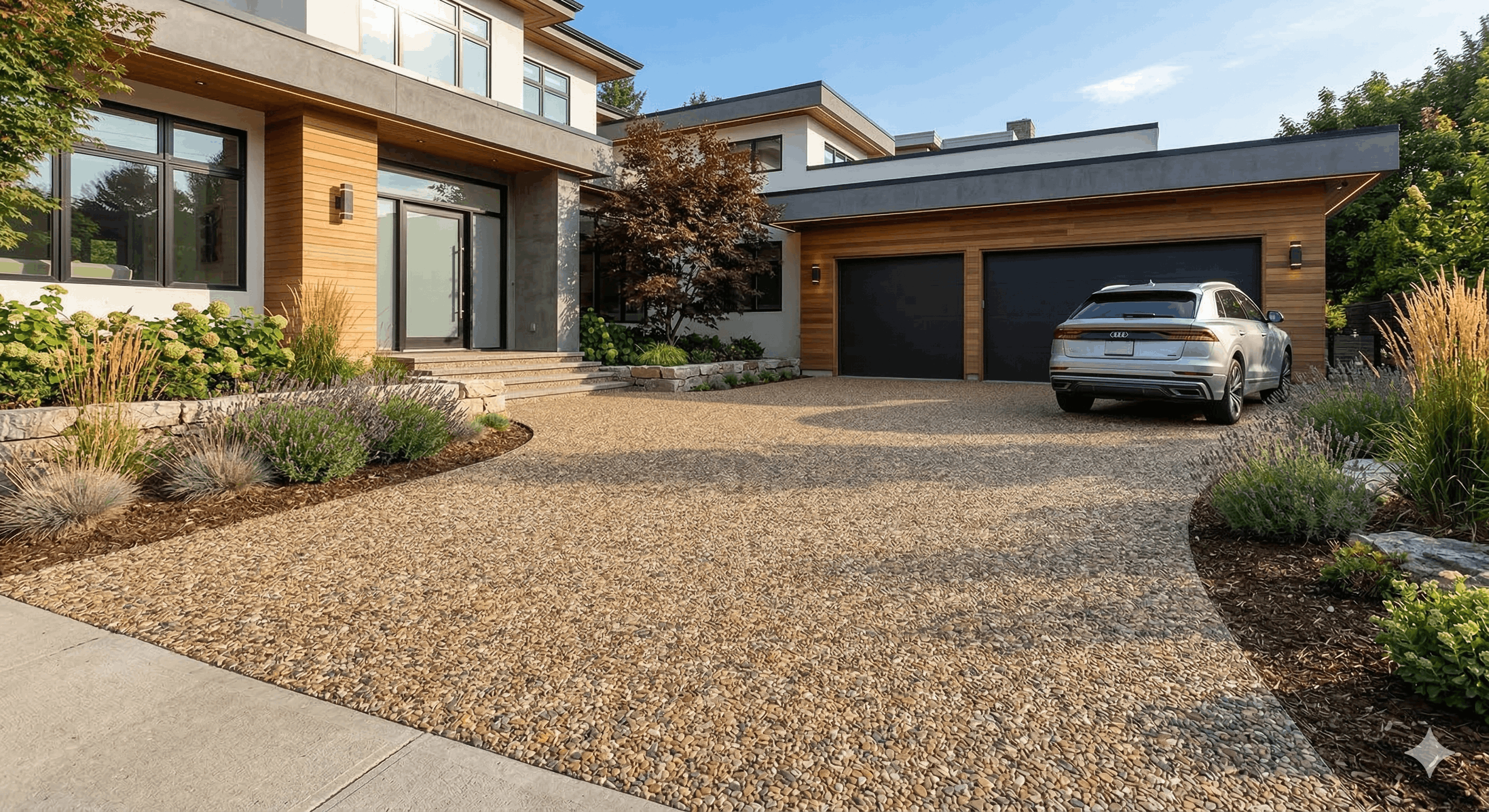 Modern house with wood and concrete exterior, a pebble stone driveway, landscaped plants, and a silver Audi SUV parked near the garage.