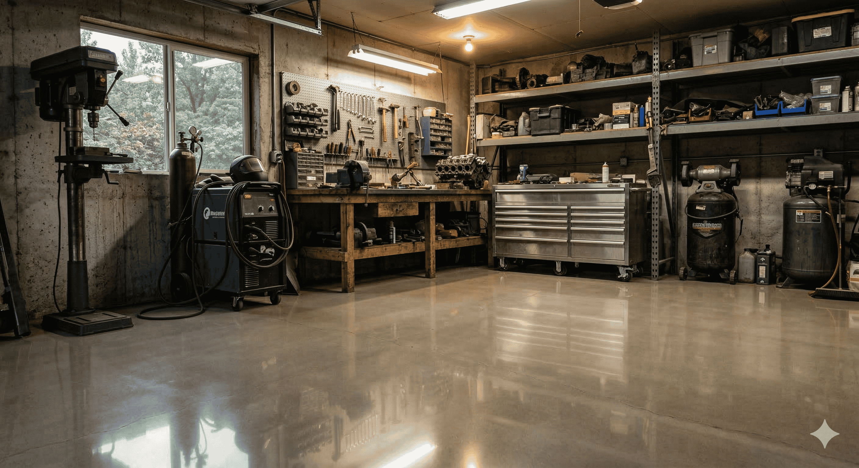 Clean and organized workshop with tools, workbench, metal tool chest, and industrial equipment including compressors and a drill press.