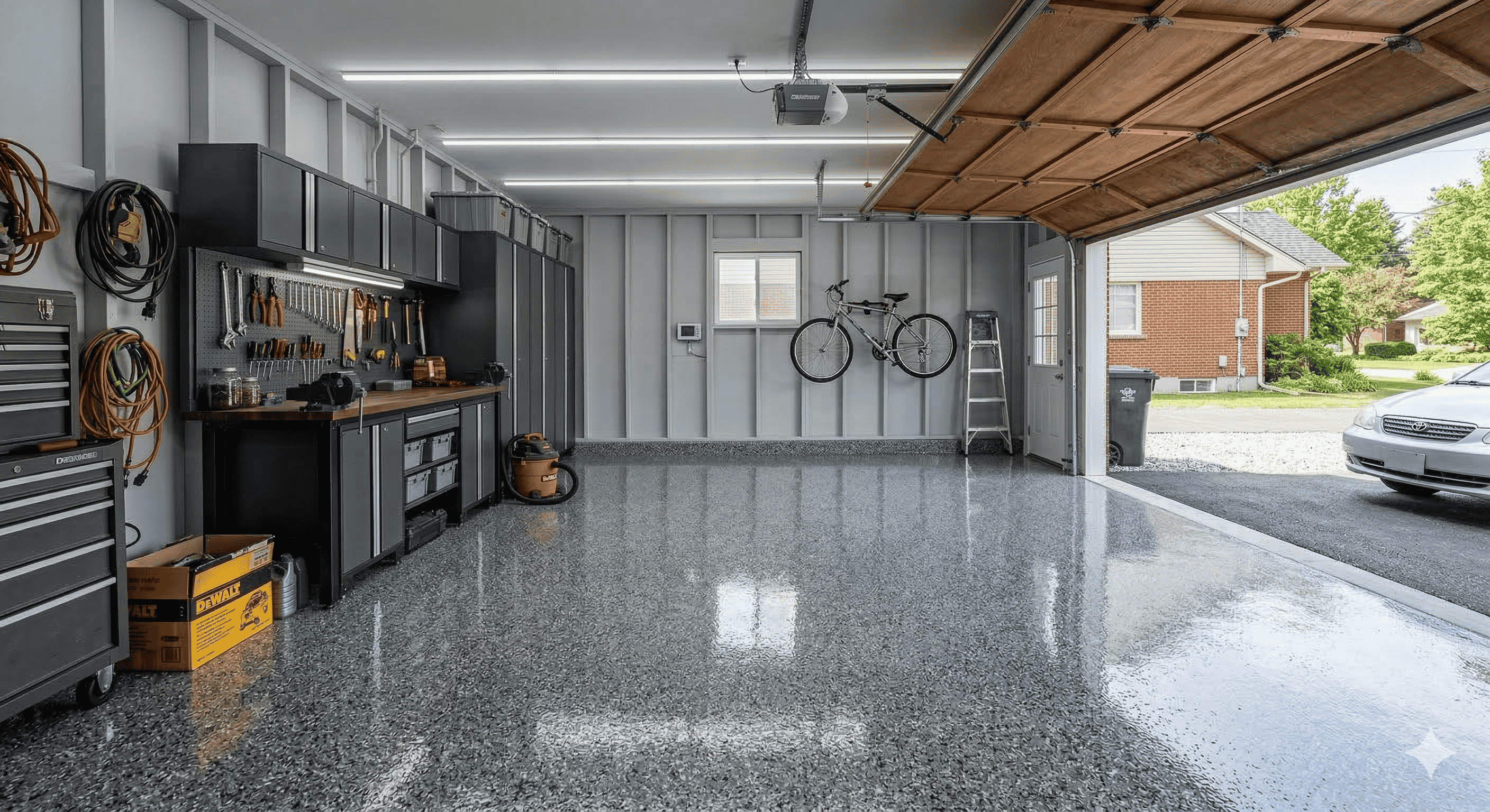 Clean, spacious garage with polished gray epoxy floor, black tool cabinets, hanging bicycle, and open garage door showing driveway and car.