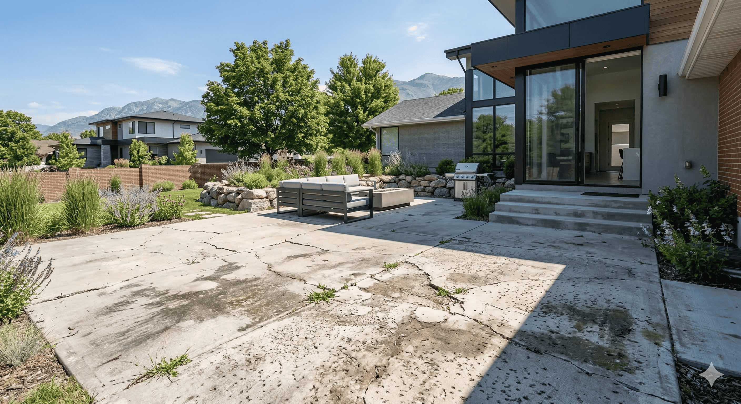Cracked concrete patio with outdoor seating, a grill, and greenery in a backyard with mountains in the background.
