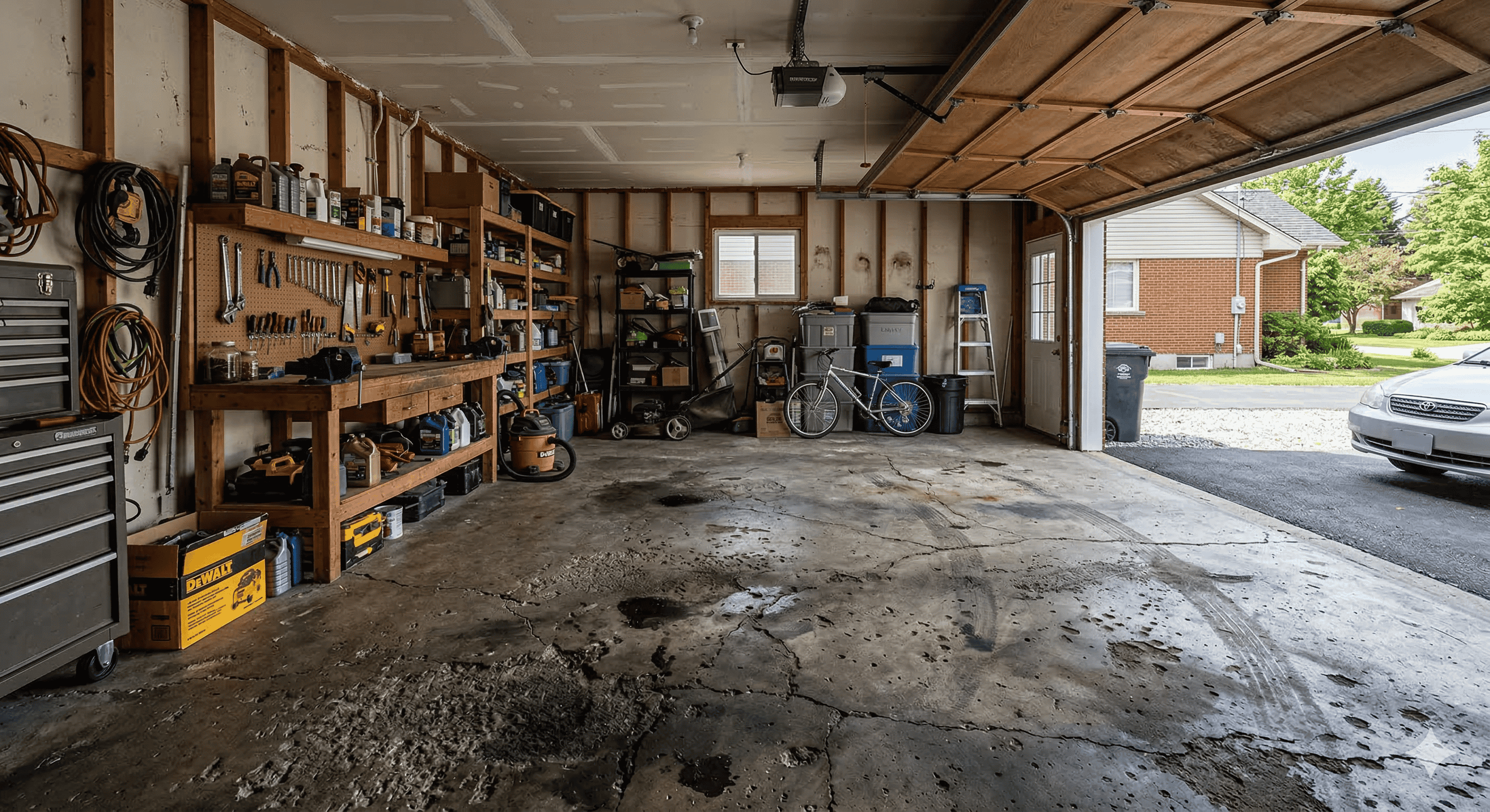 Organized garage with tools on wooden shelves, a bicycle, lawn mower, and a car parked outside the open garage door.