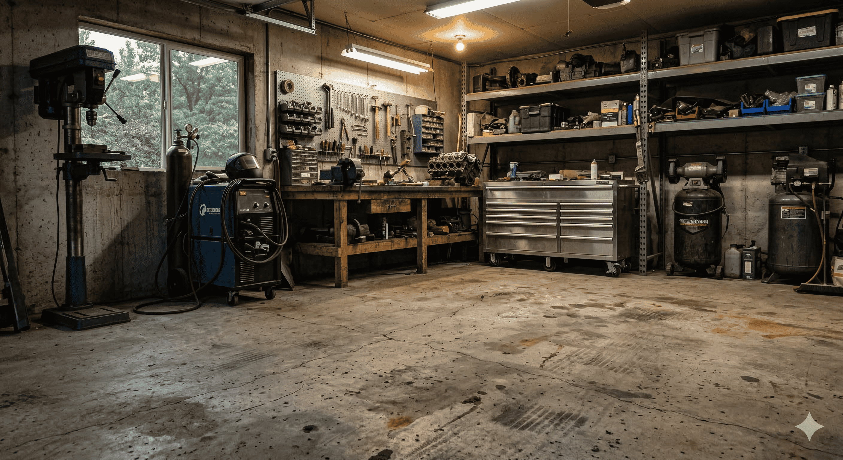 Workshop with tools on pegboard, workbench, metal tool chest, and air compressors on concrete floor.
