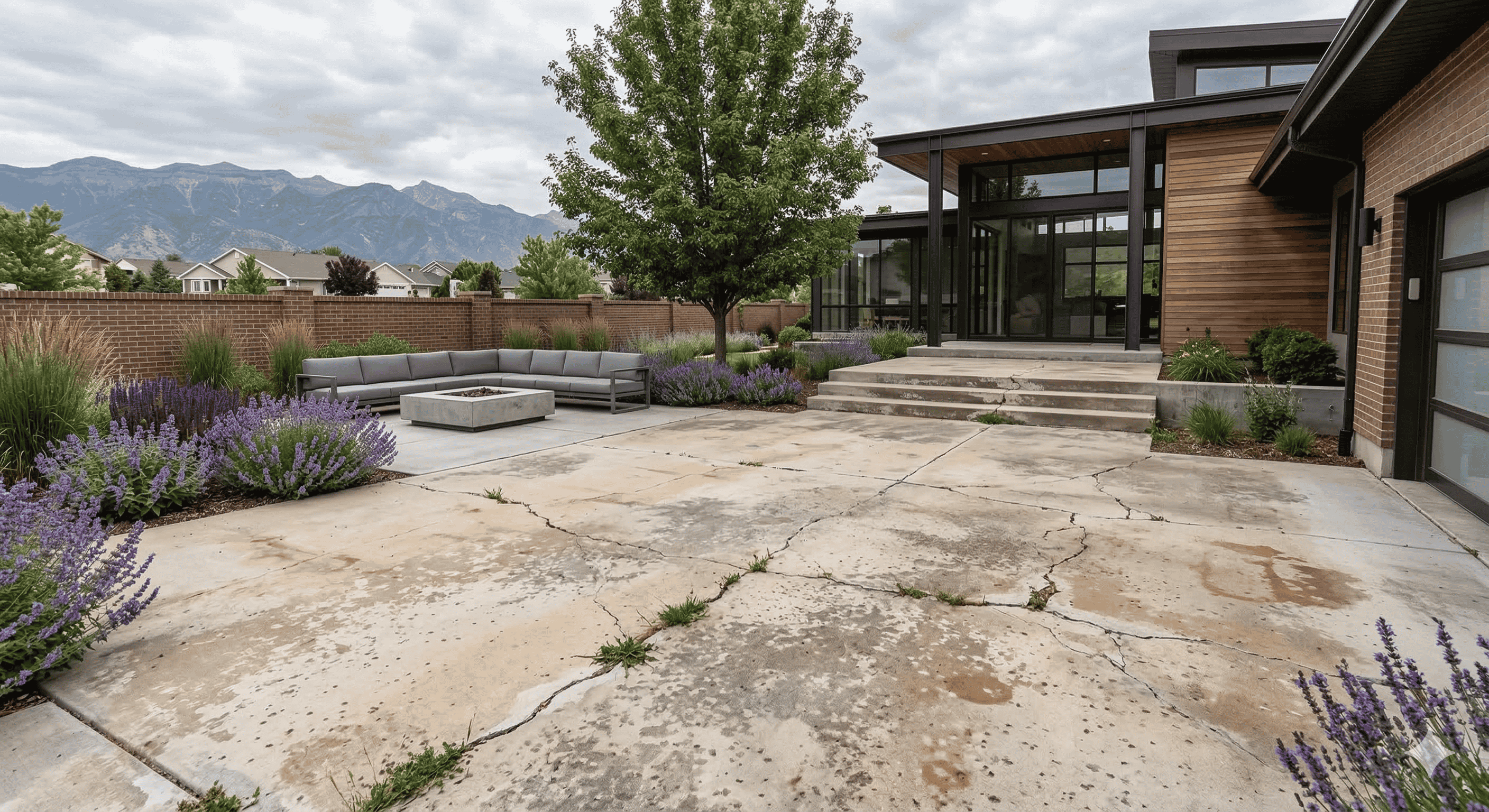 Modern patio with gray sectional sofa, square fire pit, lavender bushes, and a large tree in front of a contemporary house with mountain views in the background.