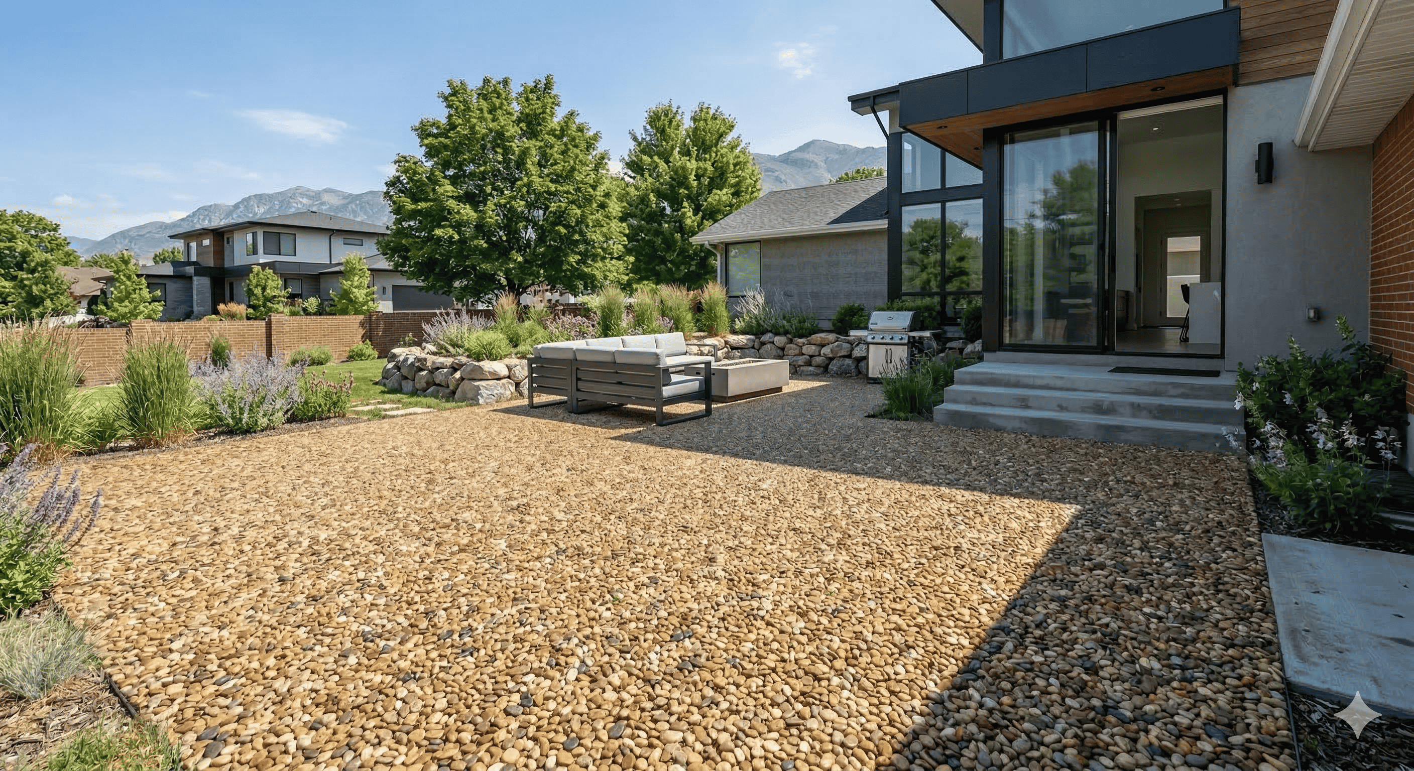 Modern backyard patio with pebble stone ground, outdoor sofa set, fire pit, barbecue grill, and green trees under a clear sky.