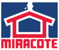 Miracote logo with a red house outline and name below in red letters.
