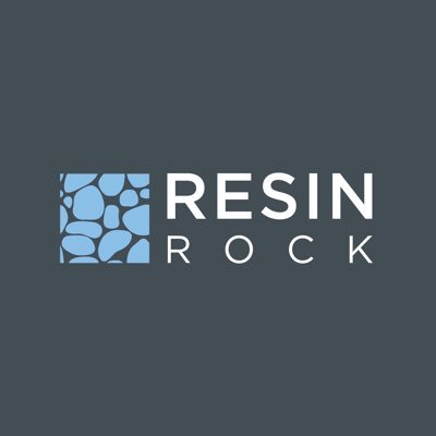 Resin Rock logo with stylized blue rock pattern square and white text on dark background.