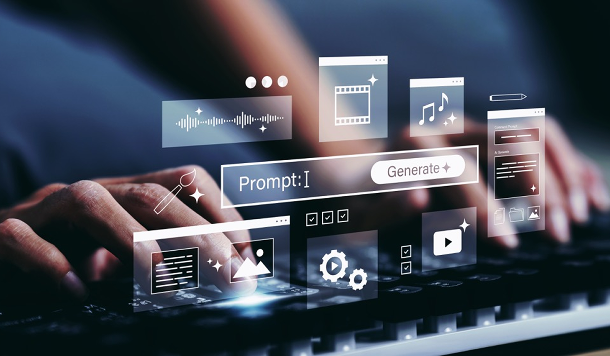 Hands typing with an AI prompt interface and icons for generating video, images, text, and audio.