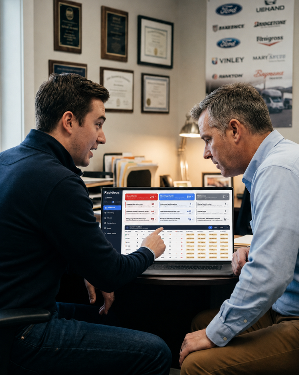 Rapidious sales representative showing Titan dashboard to an RV dealer on a laptop in a dealership office