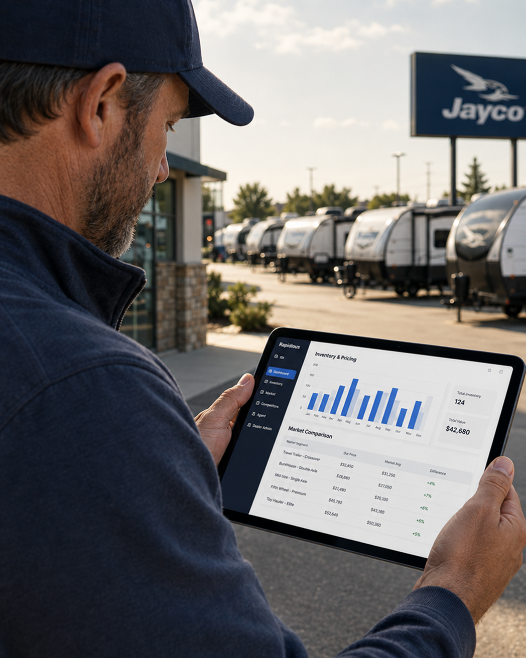 RV dealer reviewing Rapidious Titan inventory and pricing dashboard on a tablet