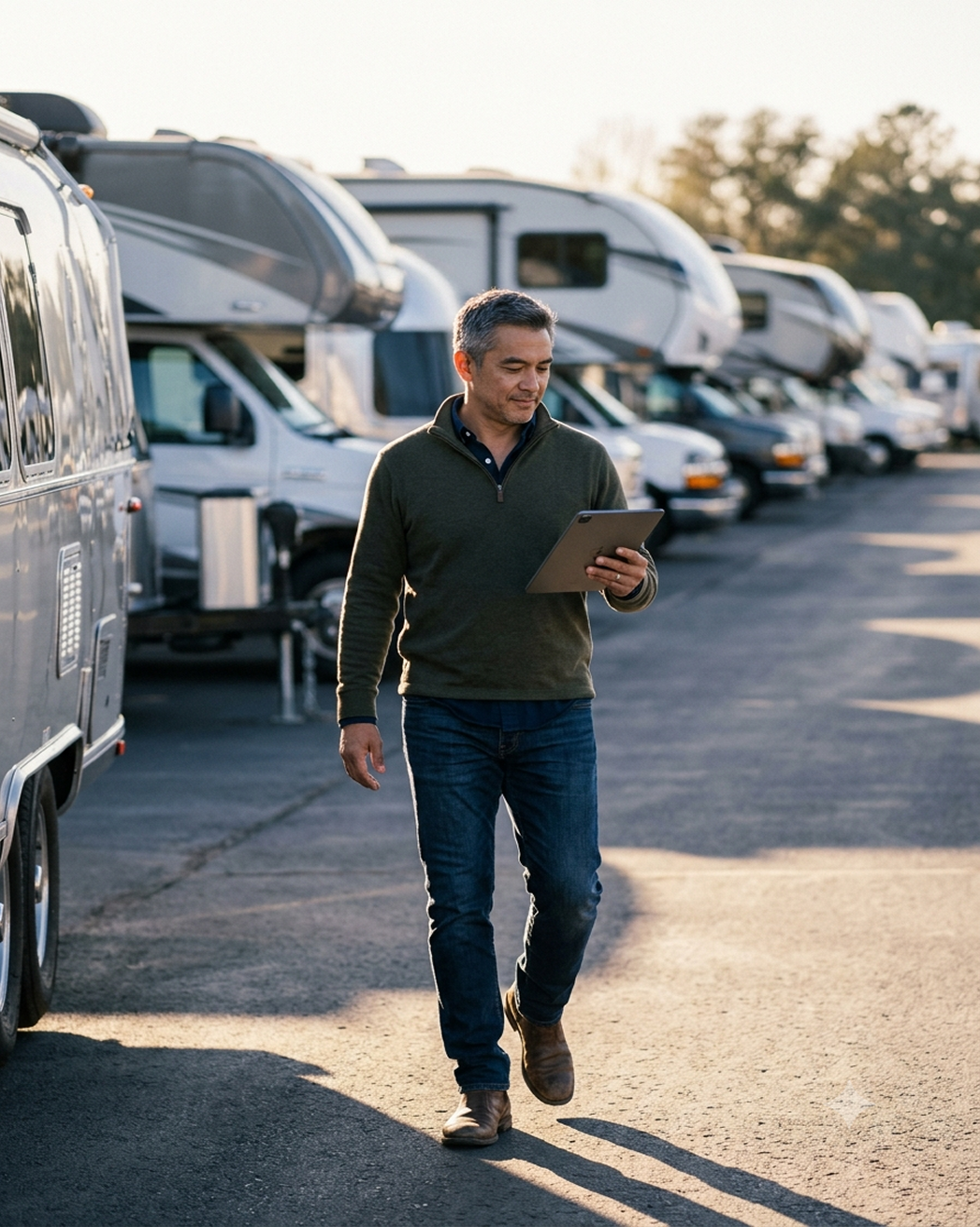 RV dealership manager walking the lot while reviewing inventory data on a tablet