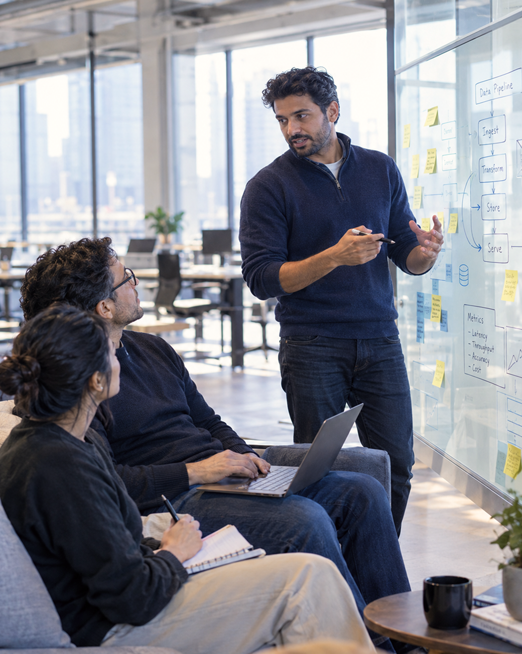 Rapidious team discussing RV market data pipeline on a whiteboard in a modern office