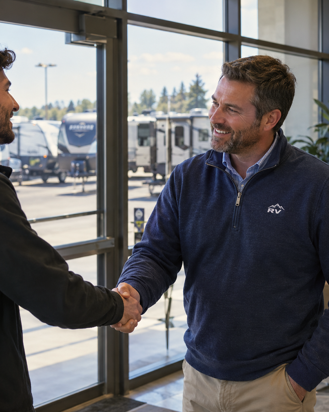 RV dealer shaking hands with a customer inside a dealership showroom with RVs visible outside