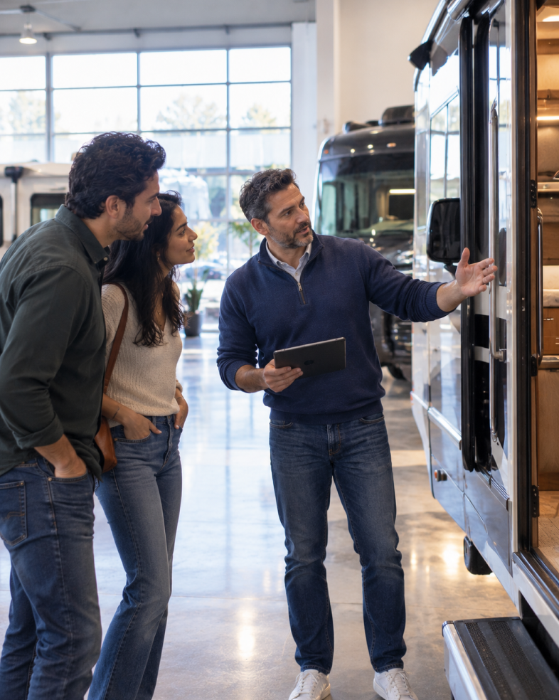RV salesperson showing a couple an RV in a dealership showroom while holding a tablet with Rapidious data