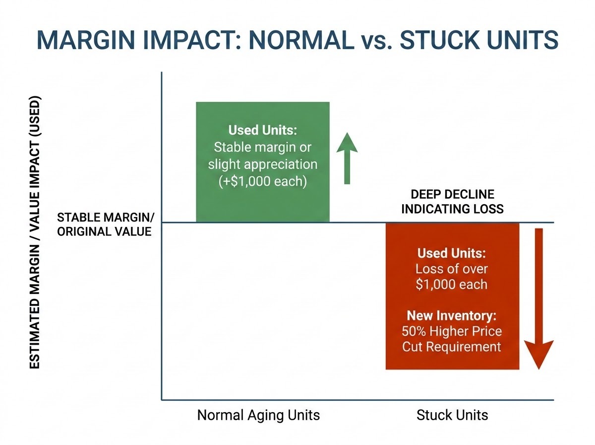 A bar chart illustrating the financial impact of stuck inventory, showing used units that are slow-moving maintaining stable value or appreciating, while stuck new and used inventory experience deep margin loss and require larger price cuts.