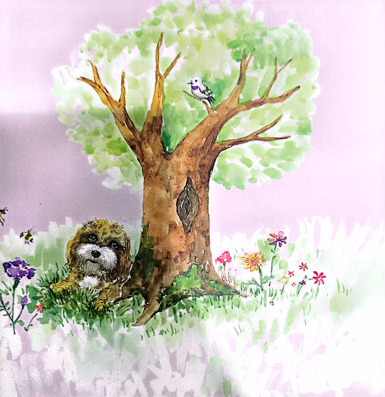 Enzo Finds His Friends, Enzo under the tree painting