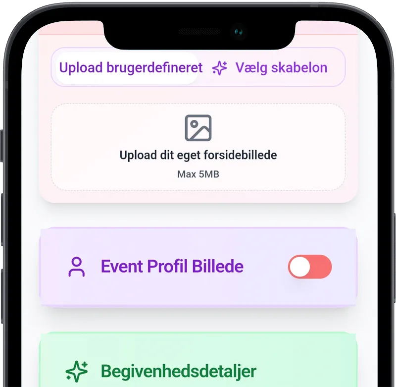 Mobilskærm der viser upload af brugerdefineret forsidebillede med knapper til 'Upload brugerdefineret' og 'Vælg skabelon' samt en aktiveret knap til 'Event Profil Billede'.