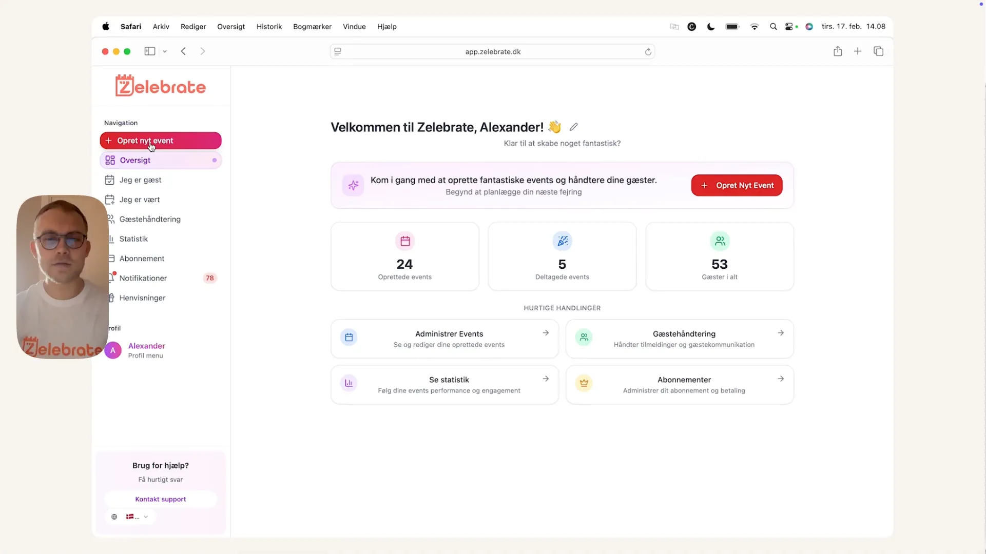 Skærmbillede af Zelebrate dashboard med velkomstbesked til Alexander, navigationsmenu til venstre, statistik over events og gæster samt hurtige handlinger.
