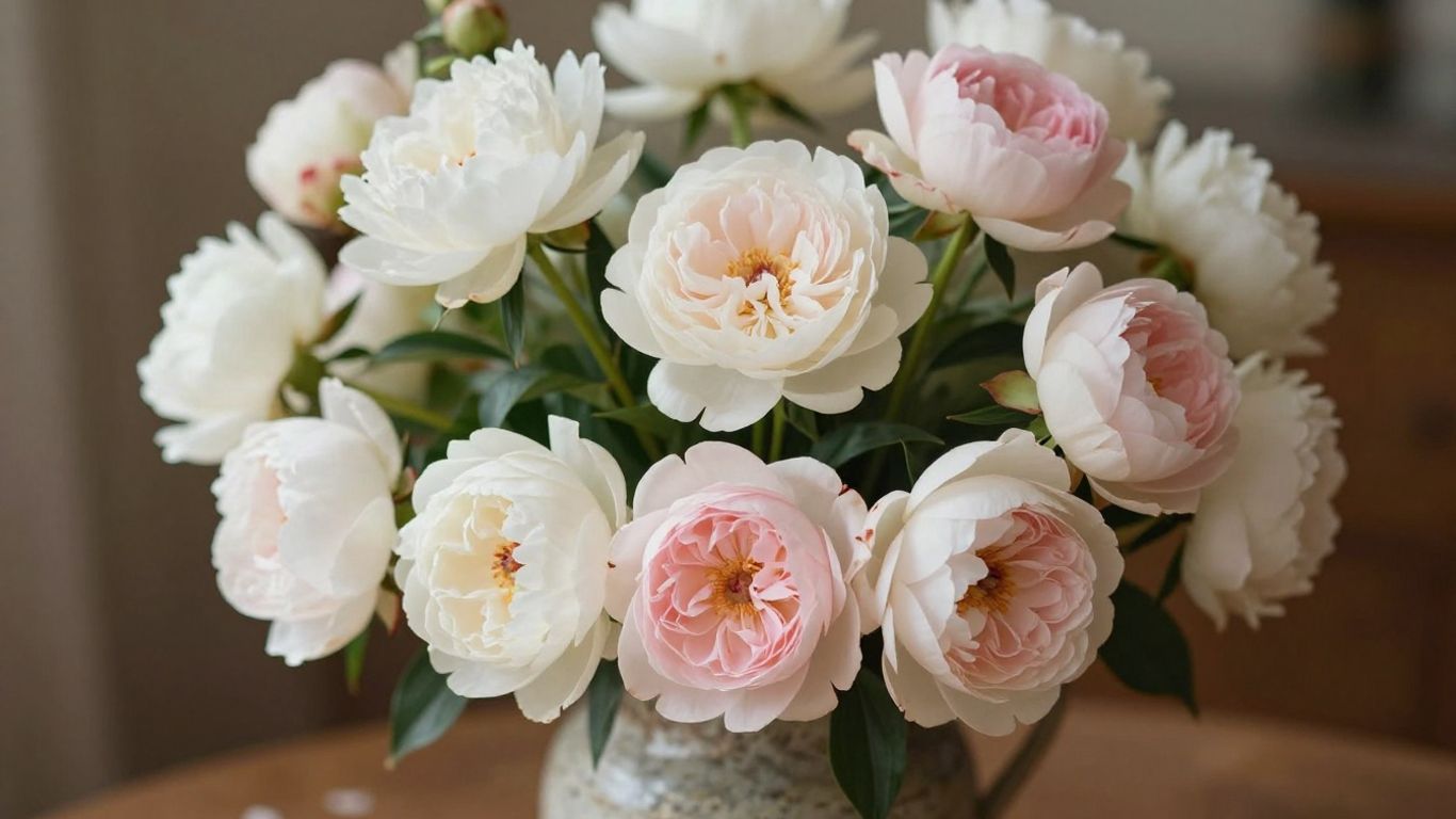 Blomsterarrangement til konfirmation med lyserøde og hvide blomster.