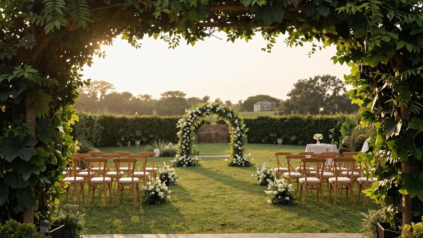 Elegant bryllupslokale med grønne omgivelser og gyldent lys.