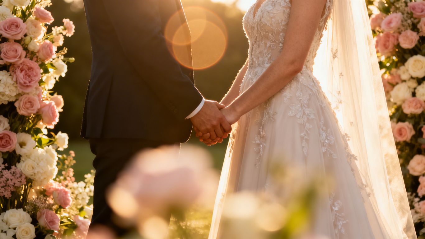 Bryllupspar holder hænder med blomster og blødt lys.