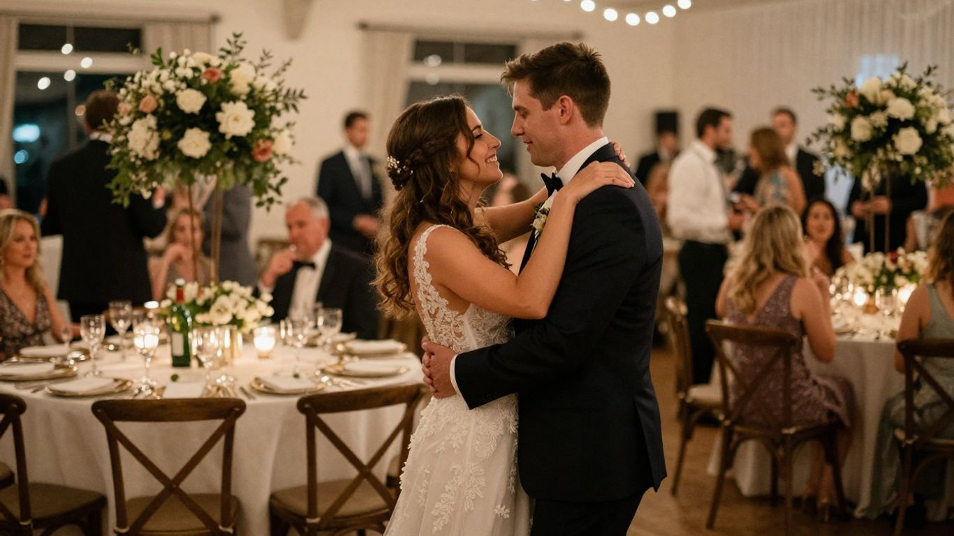 Bryllupspar danser lykkeligt omgivet af blomster og gæster.