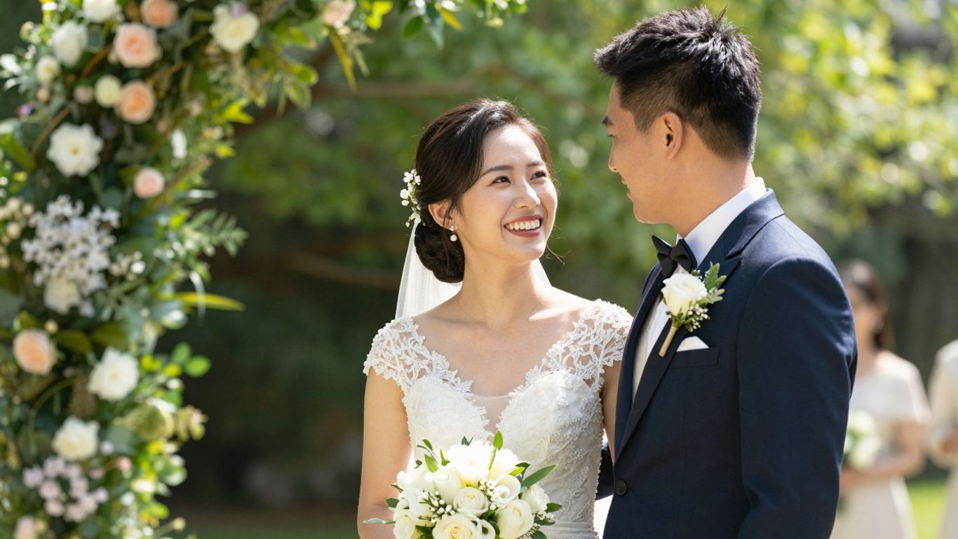 Gladt brudepar smiler til hinanden udendørs.