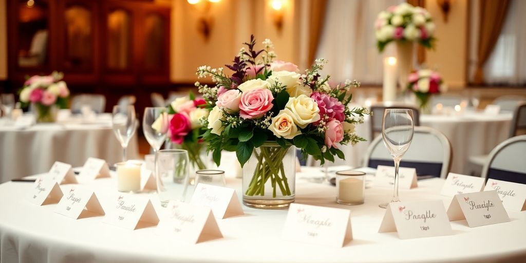 Bryllups gæsteliste med elegante bordkort og blomster.