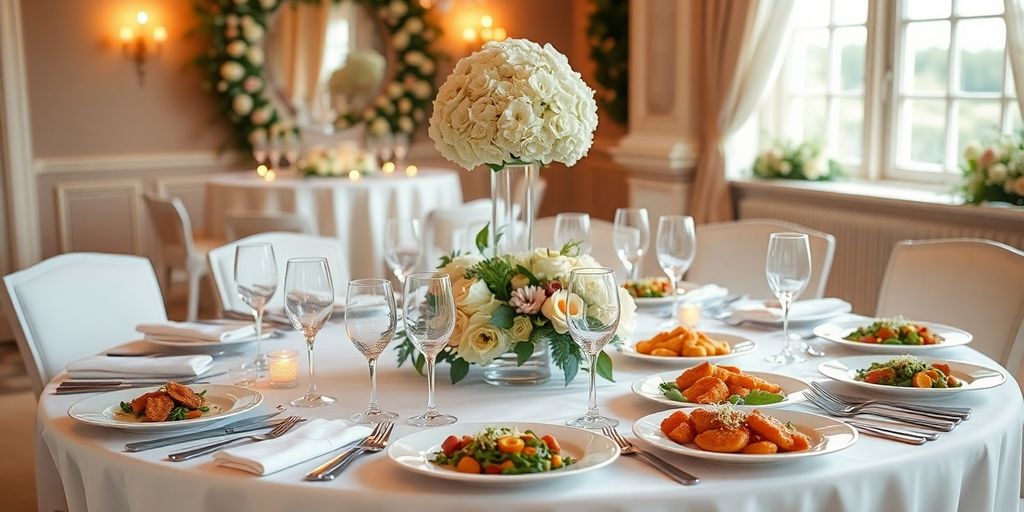 Bryllupsbord med elegant dækning og lækre retter.