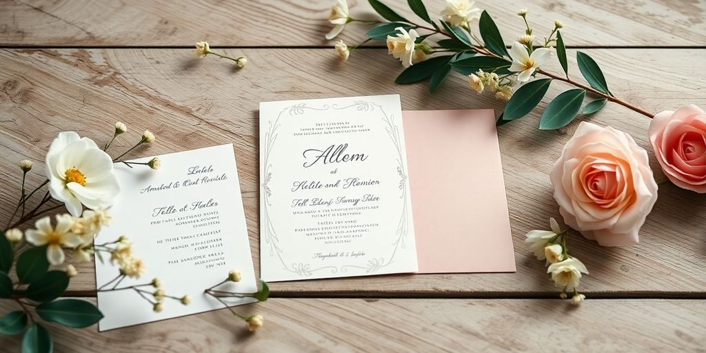 Bryllupsinvitation på træbord med blomster.