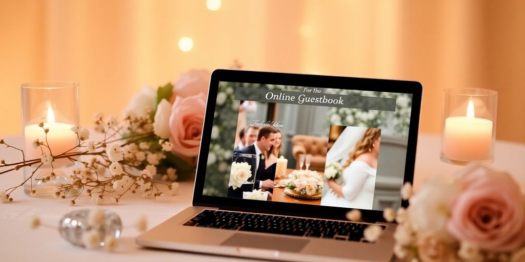 Online gæstebog til bryllup med blomsterdekorationer