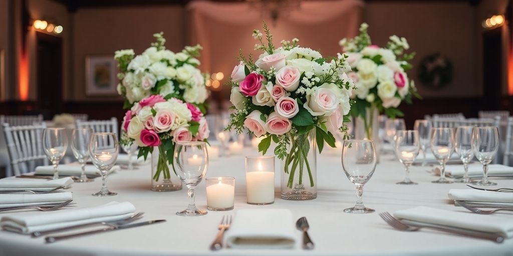 Et smukt dækket bryllupsbord med blomster.