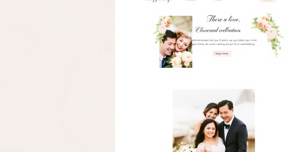 Bryllupshjemmeside med smukke layout og blomsterdekorationer.