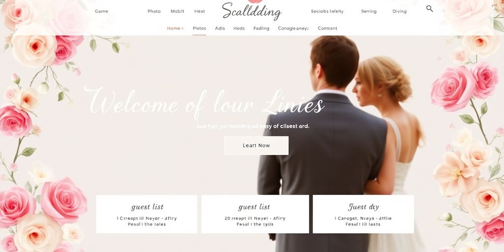 Bryllup hjemmeside med smukke blomster og romantiske farver.