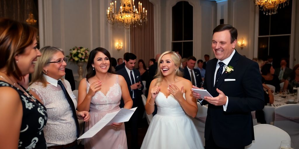 Gæster deltager i en bryllupsquiz med smil.