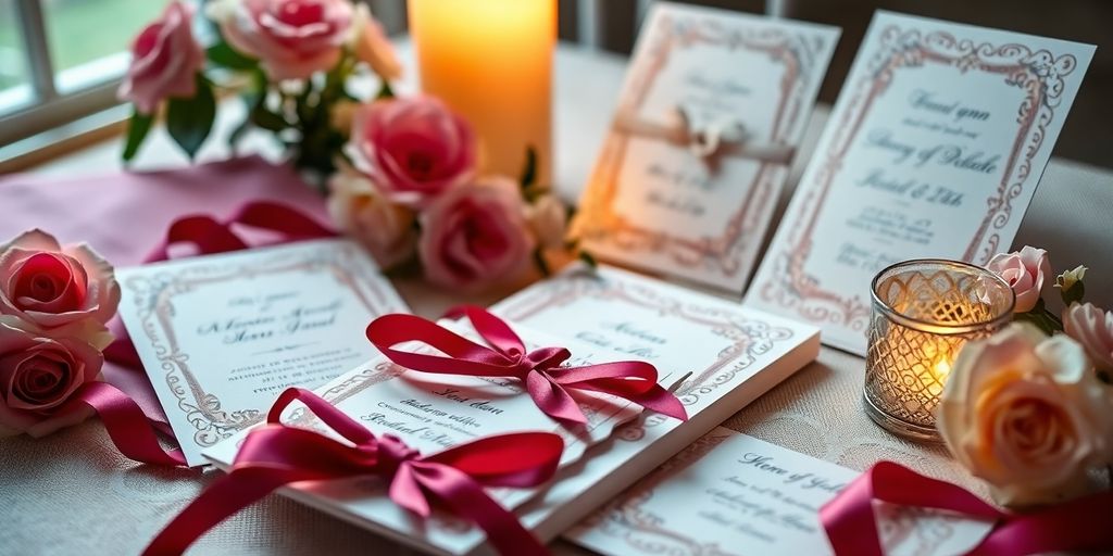 DIY bryllupsinvitationer med blomster og farverige bånd.