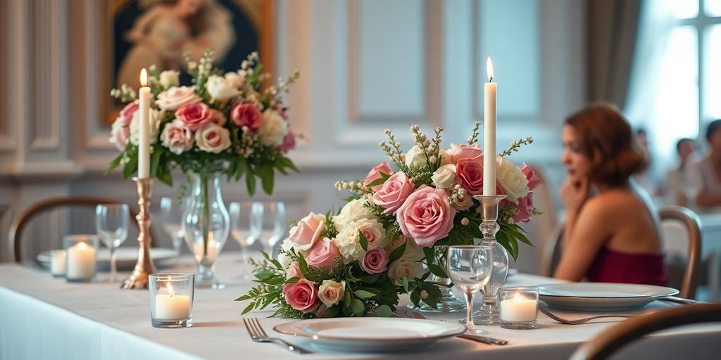 Bryllupsforberedelse med blomster og elegant borddækning
