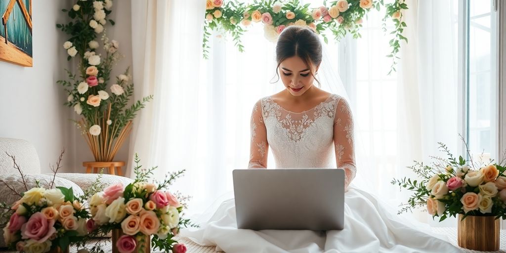 Bryllupsplanlægning med laptop og blomsterdekorationer.