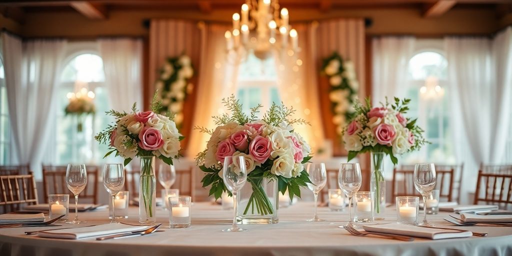 Bryllupsbord med blomster og blødt lys.