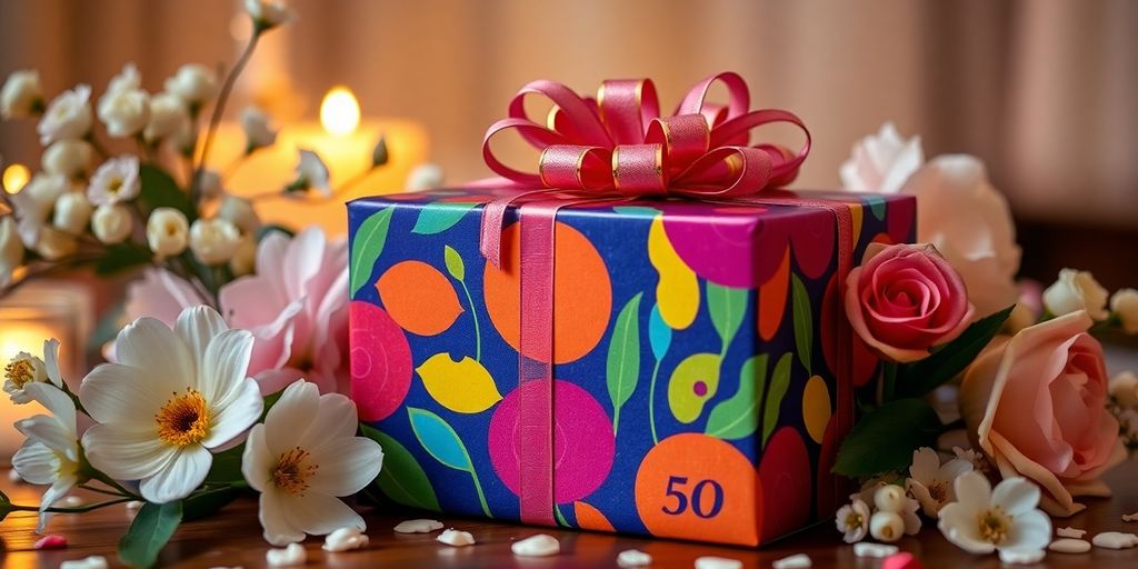 Gave til mor med blomster og festligt lys.