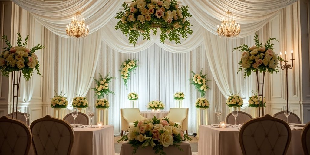 Bryllupsdekor med blomster og blødt lys.