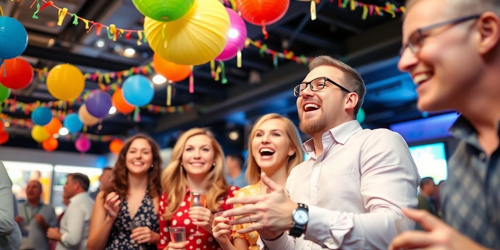 Festlig atmosfære ved firmafest med glade gæster.