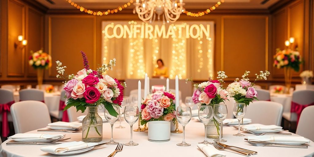 Festlig borddækning til konfirmation med blomster.