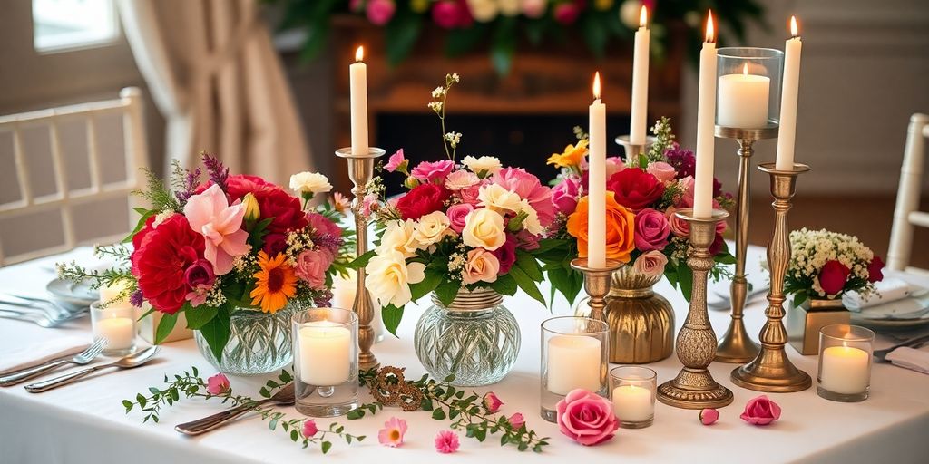 Smuk bordopdækning med blomster til bryllup.