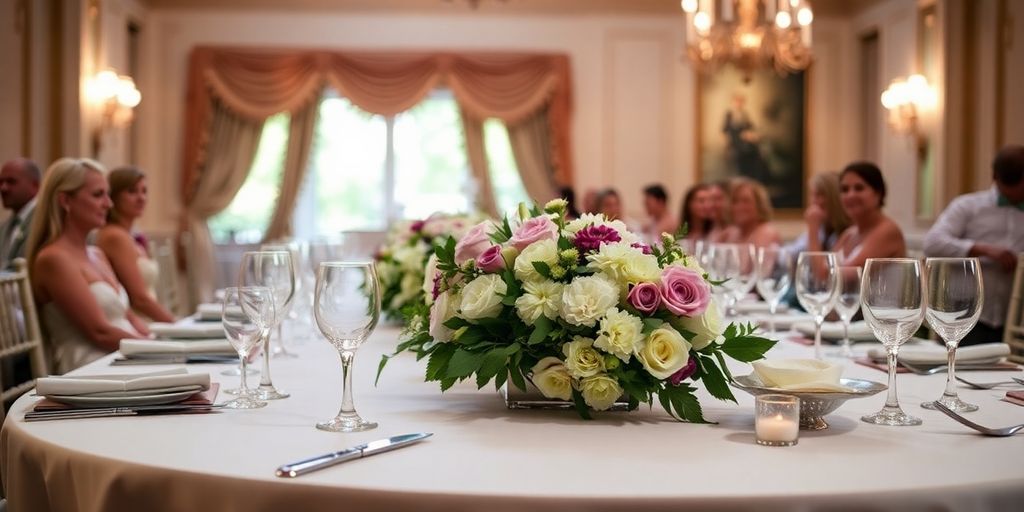Bryllupsbord med blomster og elegant service.
