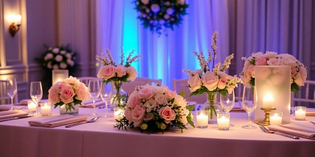 Bryllupsbord med blomster og kreative dekorationer.