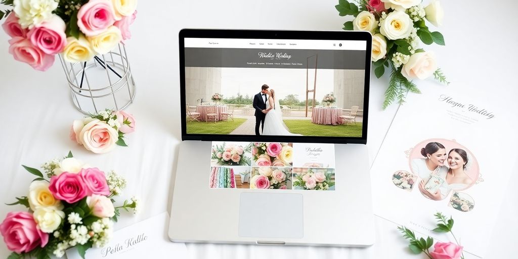 Billede af bryllupshjemmeside på laptop med blomster.